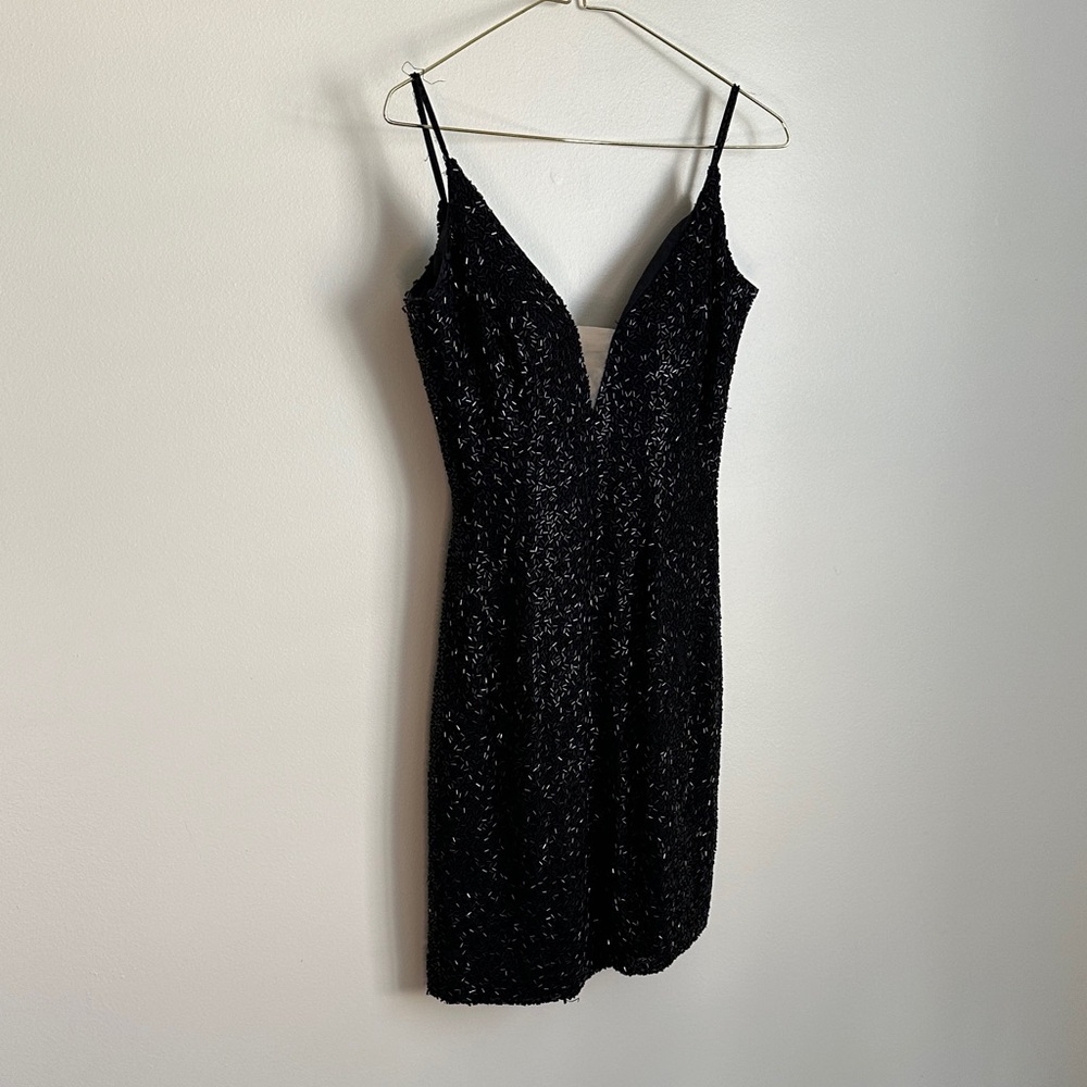 Sherri Hill Short Black Plunging V-neck Beaded Dress. Homecoming, Prom, Pageant